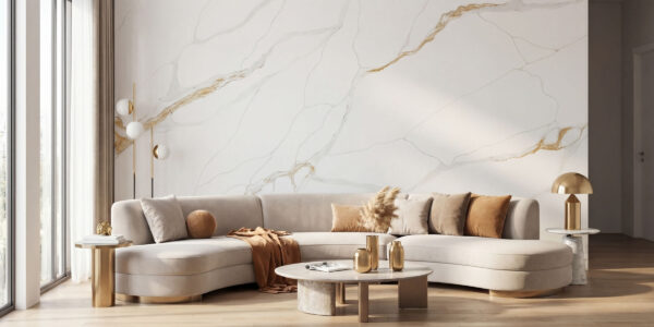 Calacatta Paris Quartz by Venezia Surfaces with white background and gold gray veining