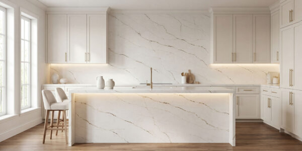 Calacatta Passion Quartz by Venezia Surfaces with white background and soft gray veining