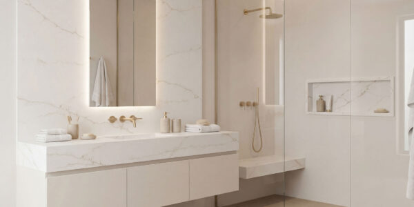 Calacatta Pisa Quartz by Venezia Surfaces with white background and soft gray veining