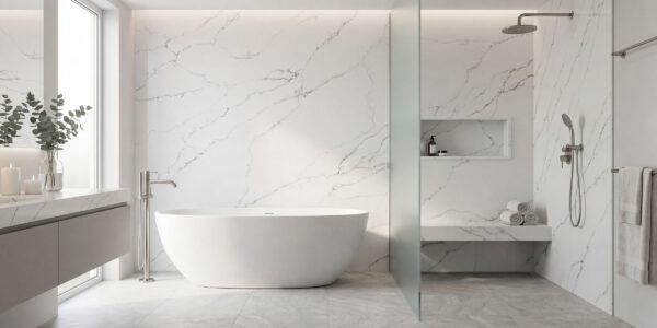 Calacatta Rome Quartz by Venezia Surfaces with white background and soft gray veining