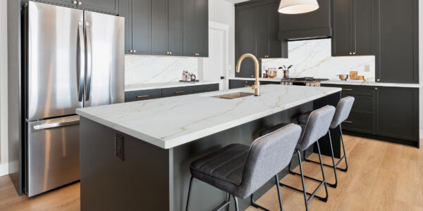 Calacatta Sicilia Quartz by Venezia Surfaces with white background gray veins and soft gold accents