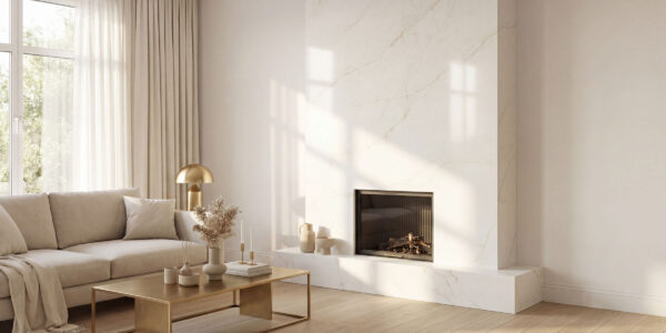 Calacatta Sicilia Quartz by Venezia Surfaces with white background gray veins and soft gold accents