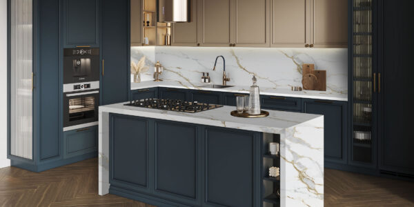 Calacatta Prime Quartz by Venezia Surfaces with white background gray veins and gold accents