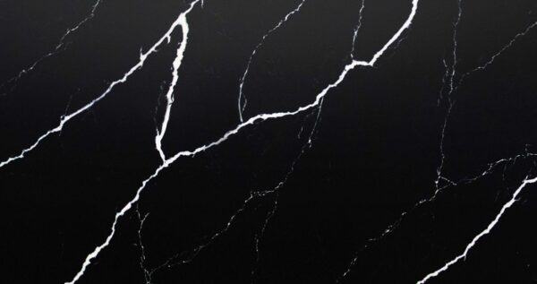 Calacatta Nero Marquino Jumbo Quartz by Venezia Surfaces with black background and thin white veining