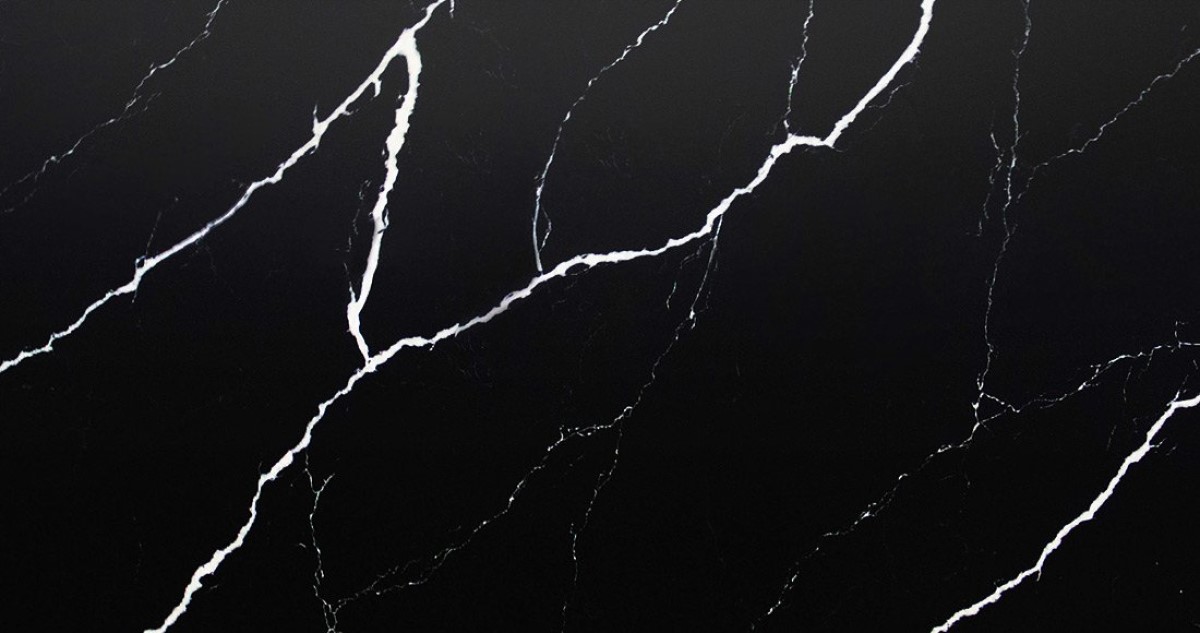 Calacatta Nero Marquino Jumbo Quartz by Venezia Surfaces with black background and thin white veining