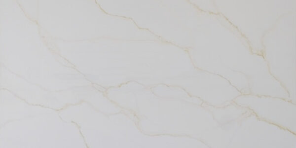 Calacatta Polaris Gold IR Quartz by Venezia Surfaces with white background and soft gold veining