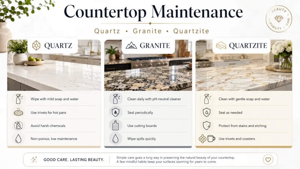 Countertop maintenance guide for quartz, granite, and quartzite surfaces with cleaning, sealing, and care tips.