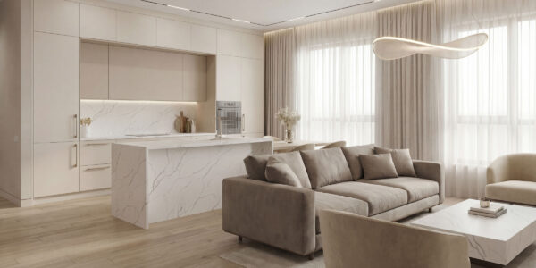 Arabescato IR Quartz by Venezia Surfaces with white background cream shade and gray veins