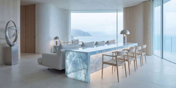 Blue Onyx Quartz by Venezia Surfaces with soft blue tones and white veining