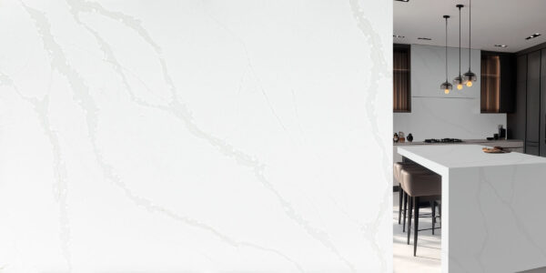 Calacatta Bottega Jumbo Quartz by Venezia Surfaces with white background and soft gray veining