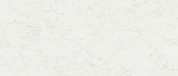 Calacatta Aidana Quartz full slab showing a bright white base with ultra-realistic silver and gray veining.
