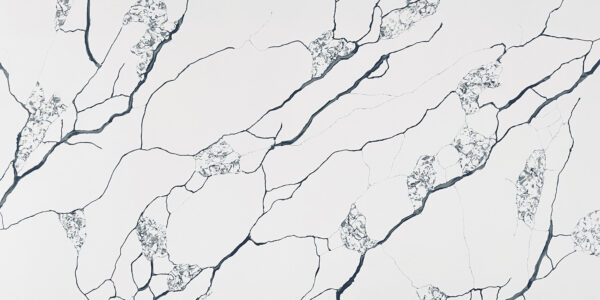 Calacatta Nest Jumbo Quartz by Venezia Surfaces with white background and bold black veining