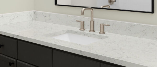 Calacatta Aidana Quartz full slab showing a bright white base with ultra-realistic silver and gray veining.