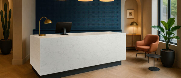 Calacatta Aidana Quartz full slab showing a bright white base with ultra-realistic silver and gray veining.
