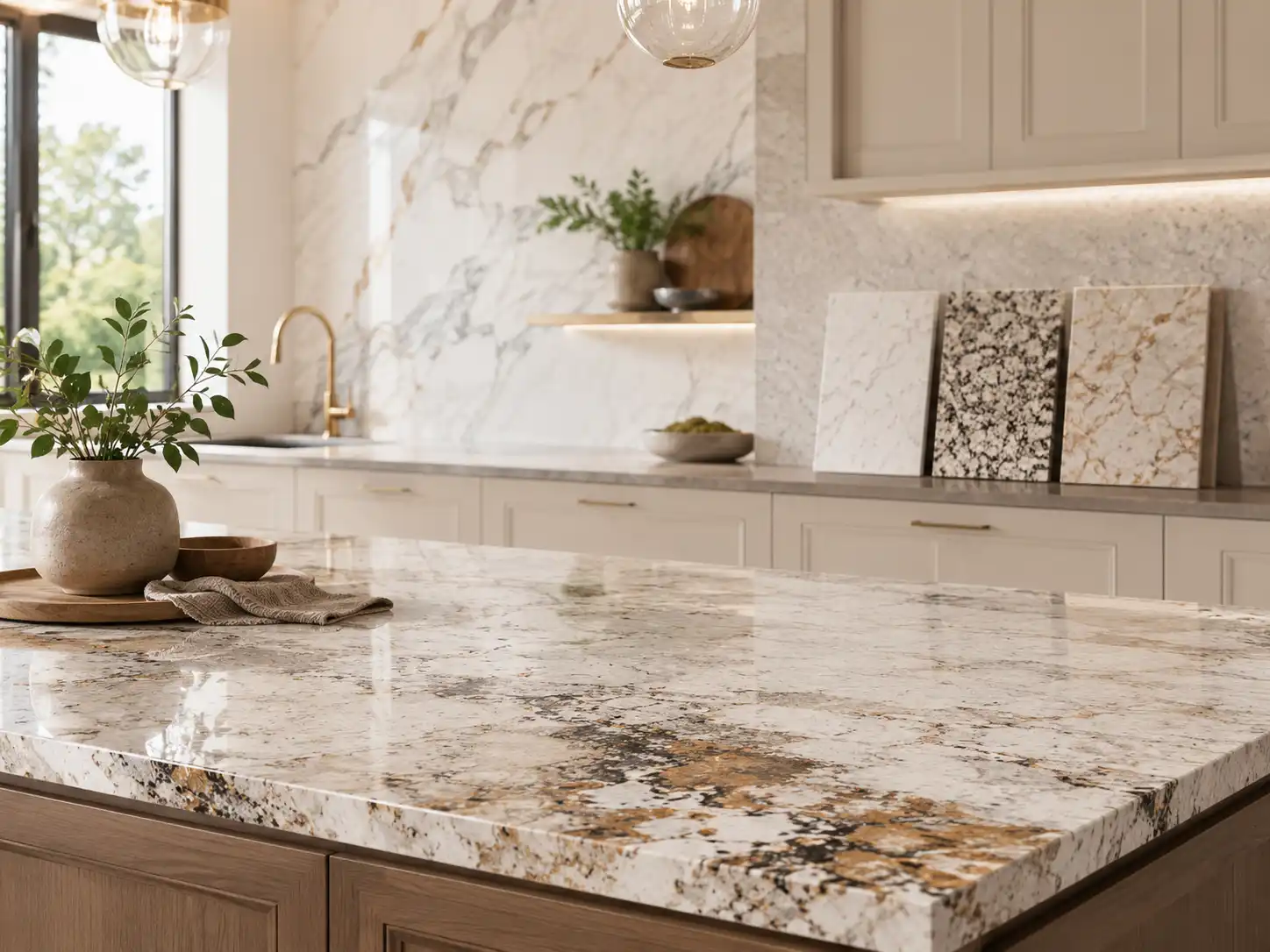 Luxury kitchen with polished stone island countertop and quartz granite quartzite material samples