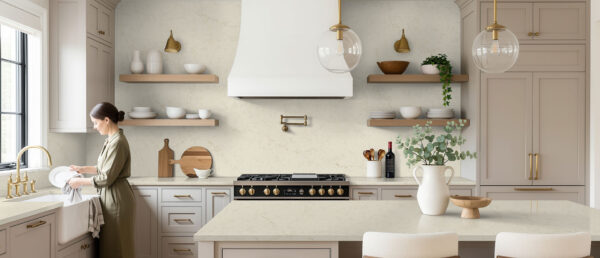 Modern kitchen island featuring MarfiTaj Quartz countertops.