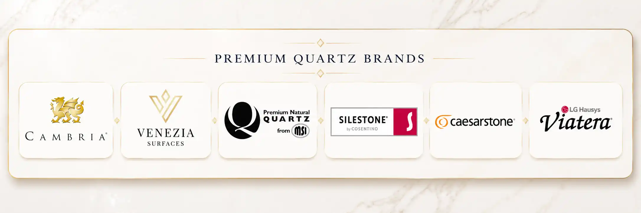 Premium quartz brands: Cambria, Venezia Surfaces, MSI Q Quartz, Silestone, Caesarstone, and LG Viatera
