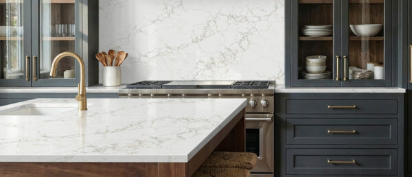 Modern bathroom vanity featuring Calacatta Jadira Quartz countertops.