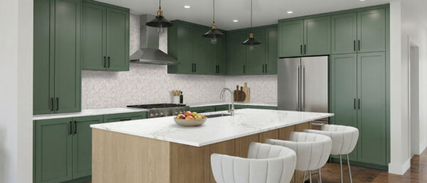 Modern kitchen island featuring Calacatta Jadira Quartz countertops