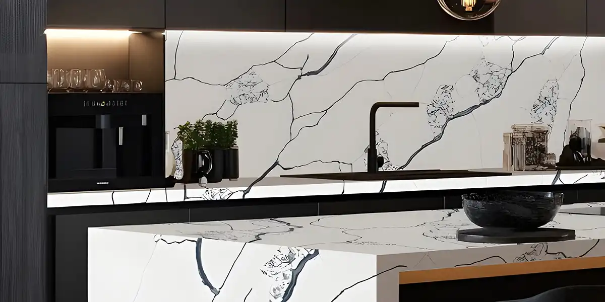 Calacatta Nest quartz island and backsplash with bold dark veining and black kitchen cabinets