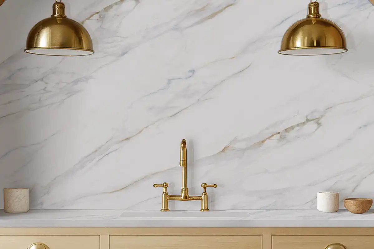 Calacatta Lapiza quartz countertop and full-height backsplash with brass fixtures and wood cabinets