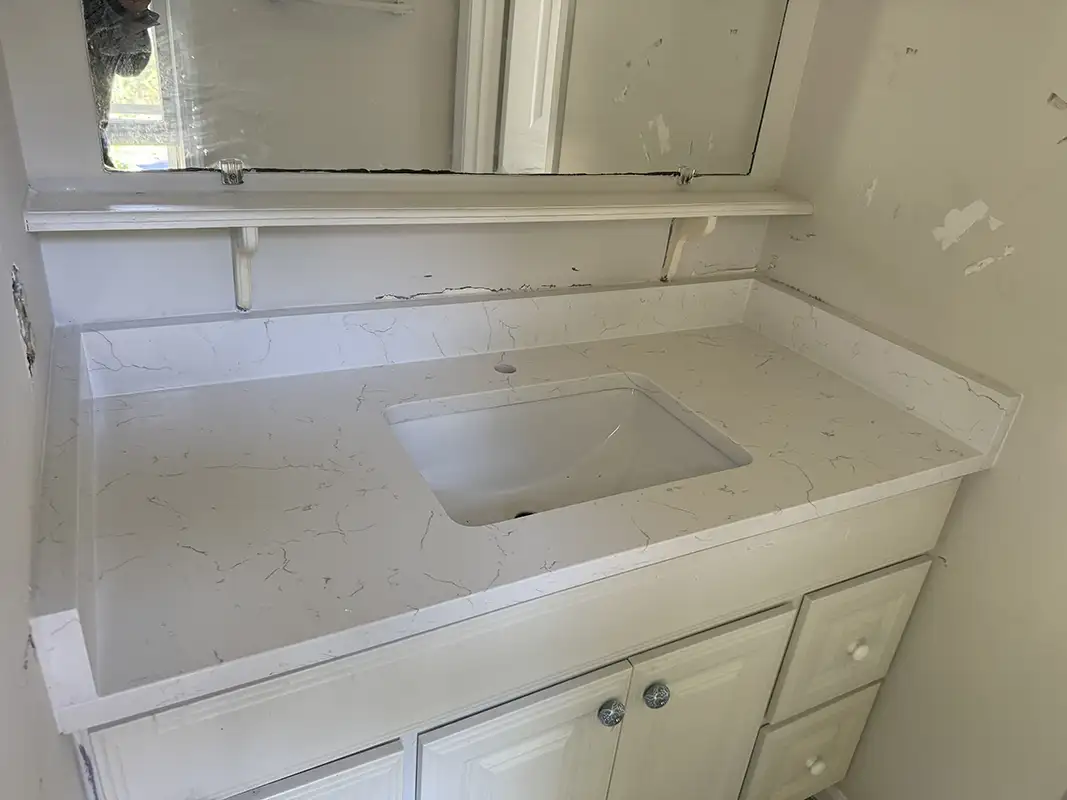 Carrara Delphi vanity countertops after installation