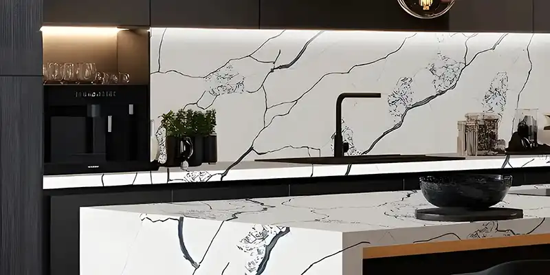 Calacatta Nest quartz island and backsplash with bold dark veining and black kitchen cabinets