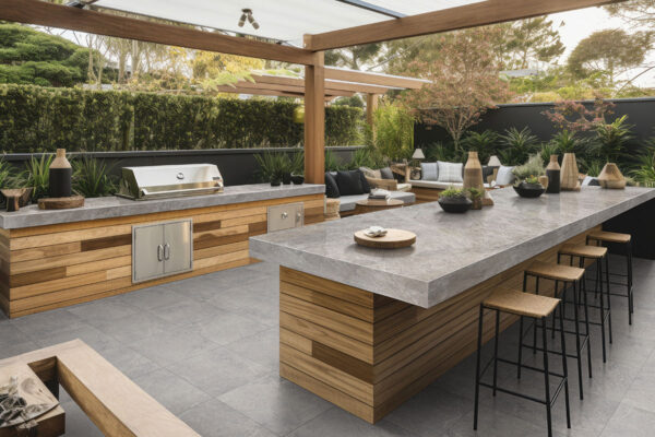 Allure quartzite countertops in a covered outdoor kitchen