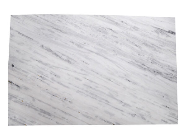 Arabescus White natural marble slab showing a cool milky white background crossed by broad gray, dove and charcoal swirls