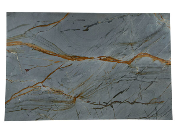 Blue Roma quartzite close-up showing flowing copper-colored veining