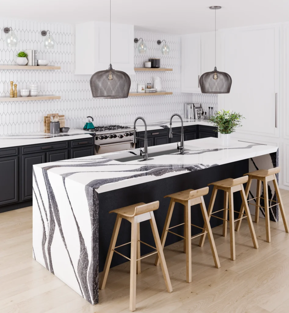 Cambria Bentley quartz waterfall island in a white and charcoal kitchen