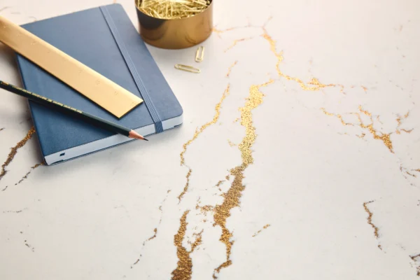 Cambria Berkshire Brass Satin Ridge quartz styled detail