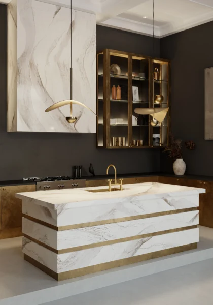 Cambria Windsor Brass Satin Ridge quartz application