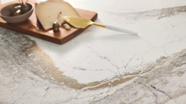 Cambria Windsor Brass Satin Ridge quartz styled detail