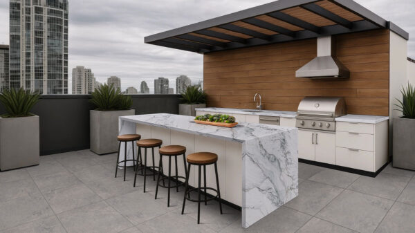 Florida Wave quartzite waterfall island in a covered outdoor kitchen
