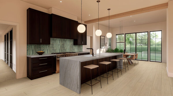 Sea Pearl quartzite countertops in a kitchen with brown cabinetry
