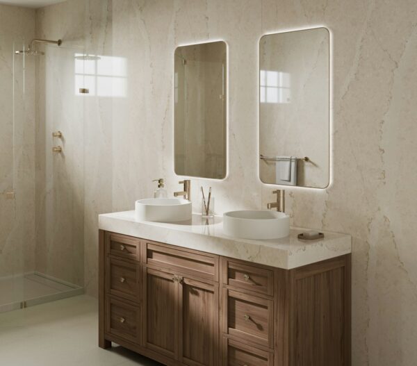 Calacatta Tova Silestone vanity and wall surfaces around two vessel sinks