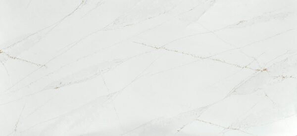 Silestone Ethereal Glow full slab with a white background crossed by fine gray and gold-brown diagonal veins