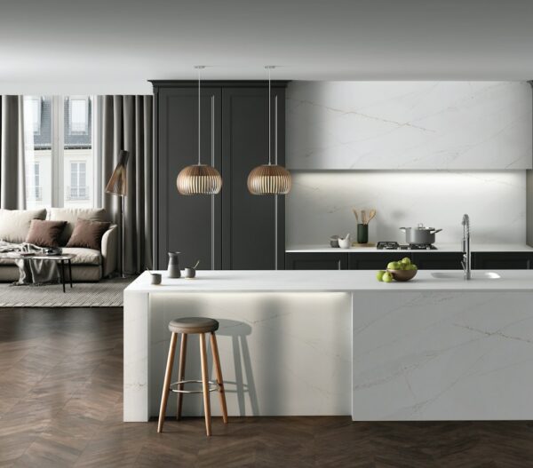 Ethereal Glow Silestone waterfall island and backsplash in a modern kitchen
