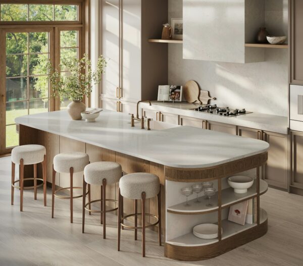 Lightborne Silestone rounded kitchen island with wood cabinetry