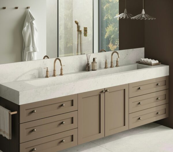 Lightborne Silestone double vanity with long pale countertop and backsplash