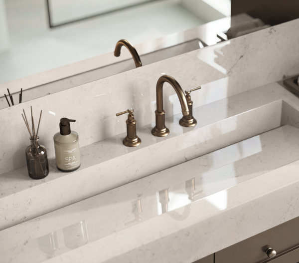 Lightborne Silestone vanity top and integrated basin with reflected window light