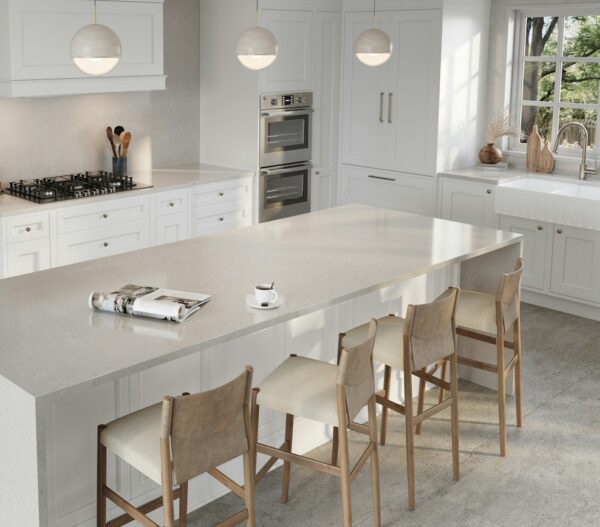 Motion Grey Silestone kitchen island with white cabinetry