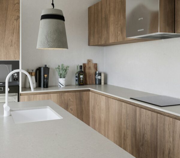 Motion Grey Silestone countertops and backsplash in a wood-fronted kitchen