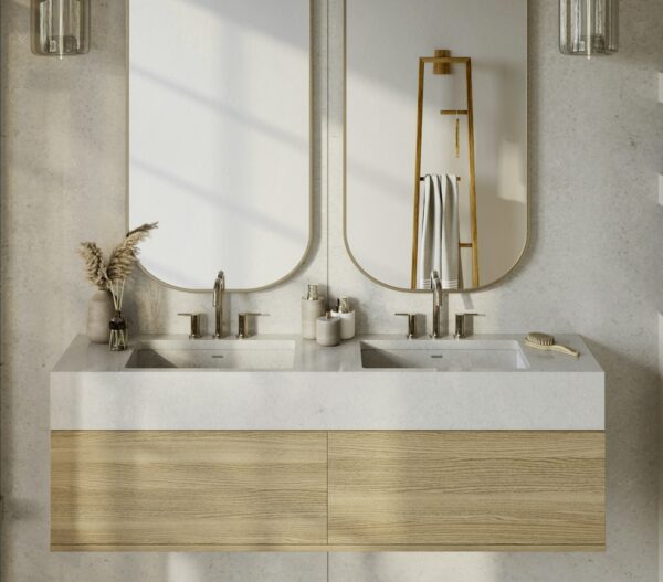 Motion Grey Silestone double vanity and wall surface with a wood cabinet