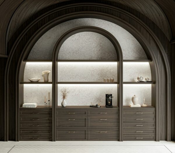 Riviére Rose Silestone countertop and backsplash inside an arched kitchen niche