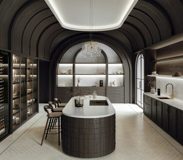 Riviére Rose Silestone curved kitchen island in a vaulted wood interior