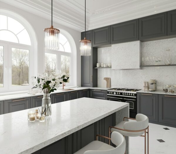 Riviére Rose Silestone island and backsplash in a gray-cabinet kitchen