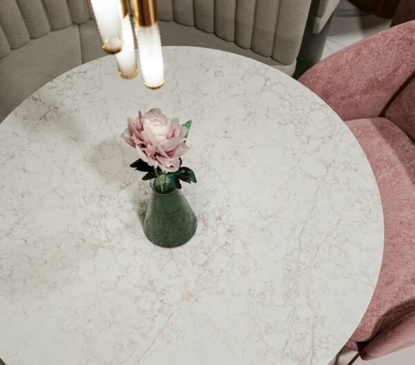 Riviére Rose Silestone round restaurant tabletop with fine warm veining