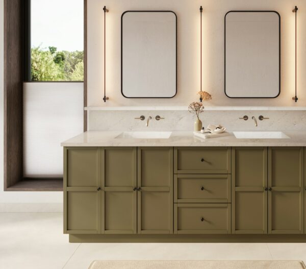 Soft Sand Silestone double vanity top above olive cabinets